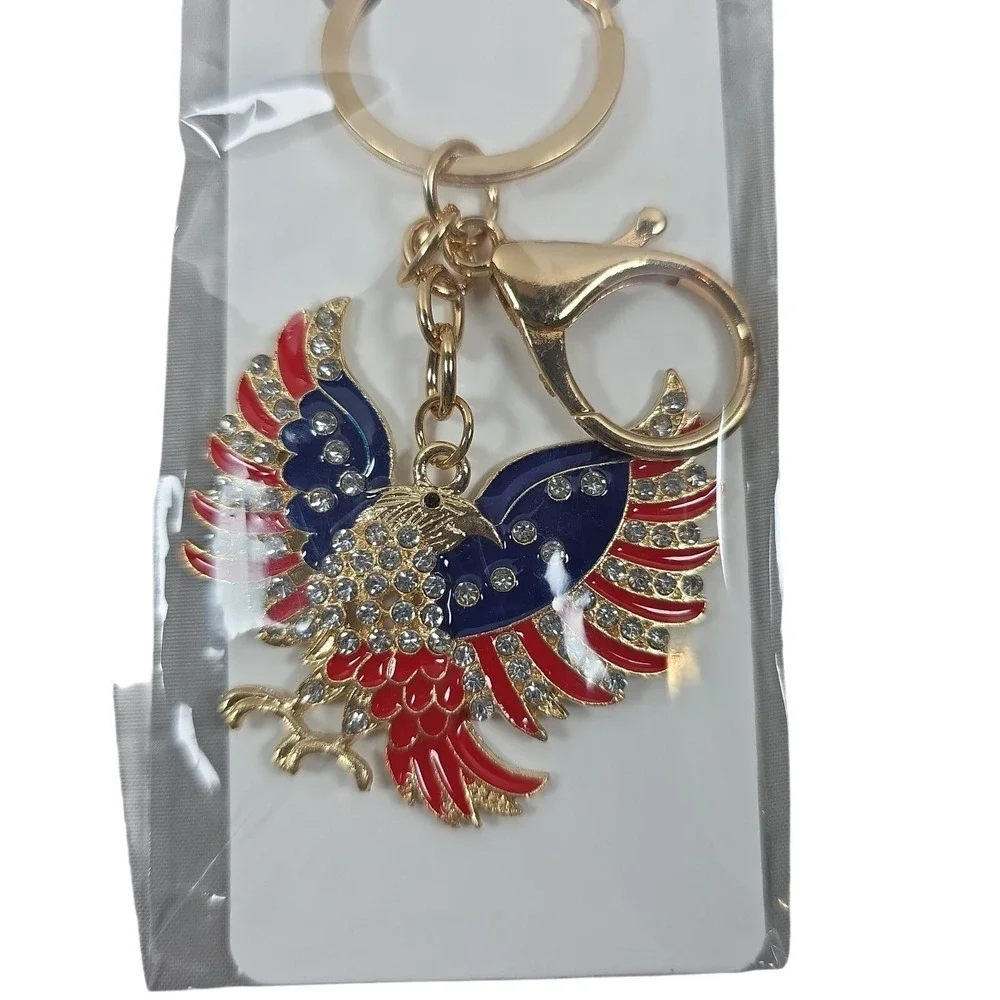 Patriotic USA Eagle Keychain‎ Flag Charm Bling 4th of July Gift Gold